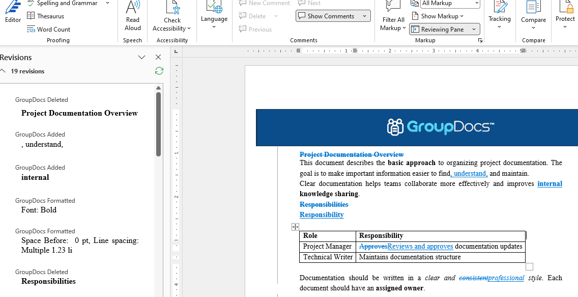 Comparison result in revision (track changes) mode
