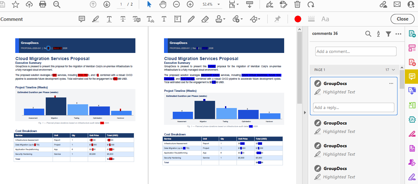 PDF comparison result in Interleaved mode viewed in Two Page View