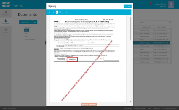 Figure 1: Signing a tax return in the HowNow Portal.