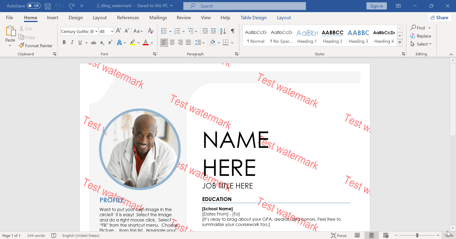 Tiled watermark covering entire Word document
